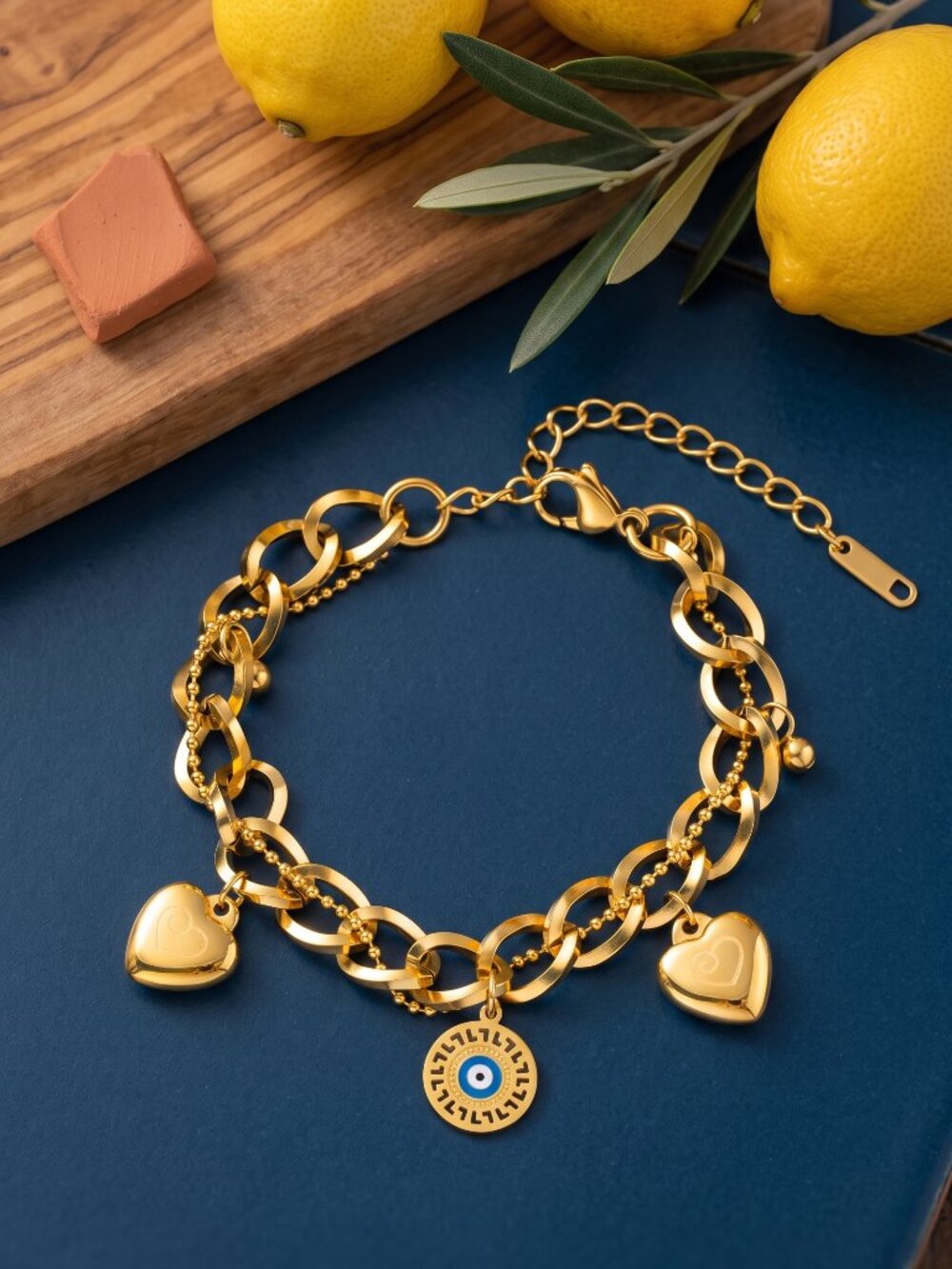 Double Chain 18K Gold Plated Heart Evil Eye Charm Bracelet Chunky Adj 6-8.5"